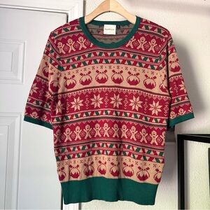 ROYAL MONK green red Nordic holiday Christmas short puff sleeve cropped sweater